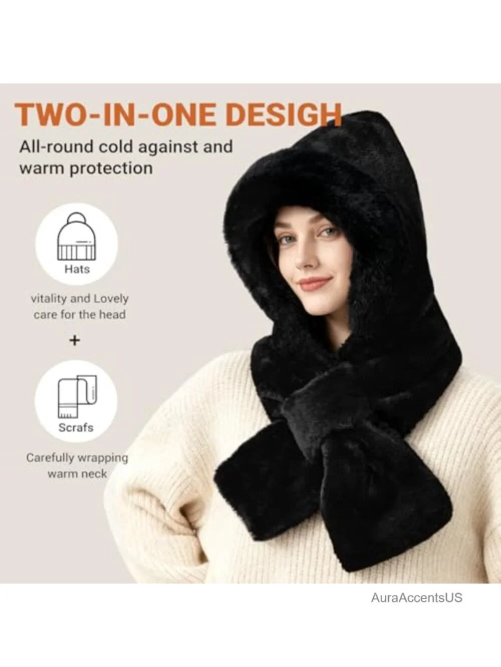 2-in-1 Hooded Scarf Hat Set for Women, Plush Fuzzy Warm Winter